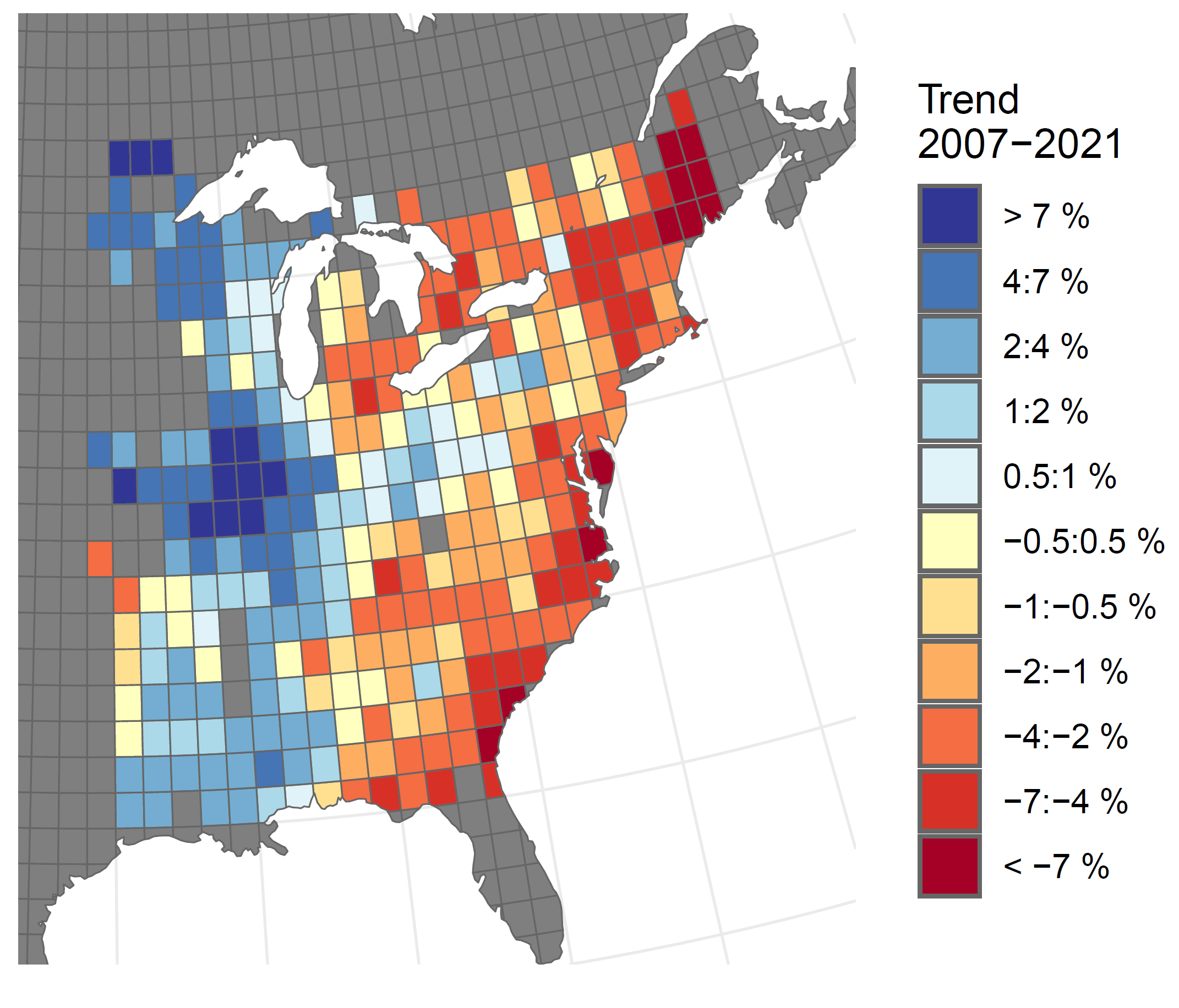 Heat map of Wood Thrush population trends 2007-2021, from the North American Breeding Bird Survey